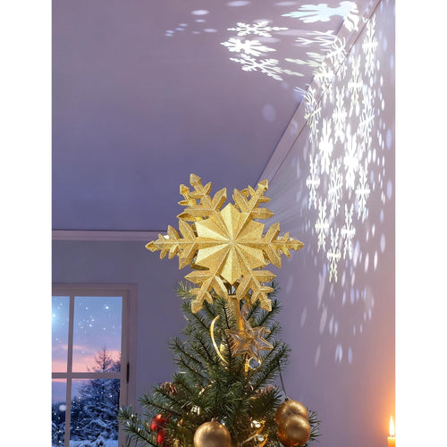 Christmas Tree Topper with Rotating Snowflake Projector | Lighted Gold Glitter Snowflake Topper, LED Projector Tree Topper