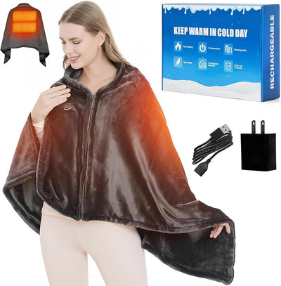 Cordless Heated Throw Blanket with Power Bank Pocket | USB Heated Blanket Wrap, Portable Electric Throw, Heated Shawl
