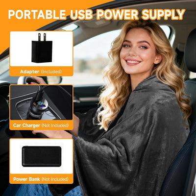 Cordless Heated Throw Blanket with Power Bank Pocket | USB Heated Blanket Wrap, Portable Electric Throw, Heated Shawl