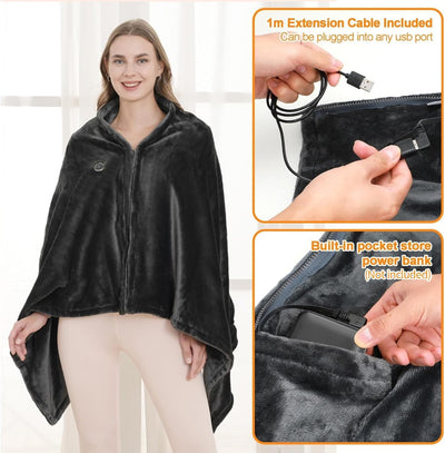 Cordless Heated Throw Blanket with Power Bank Pocket | USB Heated Blanket Wrap, Portable Electric Throw, Heated Shawl