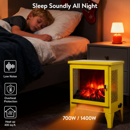 Electric Fireplace Heater with 3D Flame | 18 Inch Freestanding Electric Fireplace Stove, Small Space Heater, Yellow
