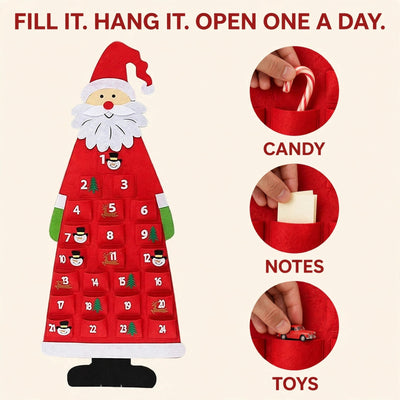 Felt Santa Advent Calendar | Hanging Santa Claus Calendar with 24 Pockets, Reusable Every Year