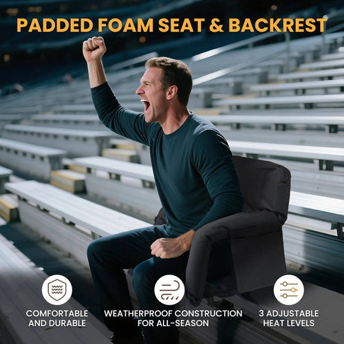 Heated Stadium Seat with Back Support | Heated Bleacher Seat with Armrests, Reclining, USB Powered