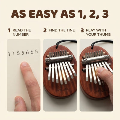 Velora Kalimba™ | 8 tines, free 30 song book, her first song the same evening
