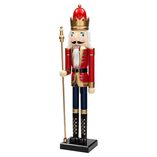 Large Wooden Nutcracker 3 ft with Scepter | Nutcracker Christmas Decor, Big Red Nutcracker Soldier Statue