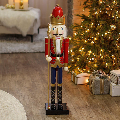 Large Wooden Nutcracker 3 ft with Scepter | Nutcracker Christmas Decor, Big Red Nutcracker Soldier Statue