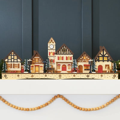 Lighted Wooden Christmas Village | Pre-Lit Mantel Decor with LED Houses and Trees