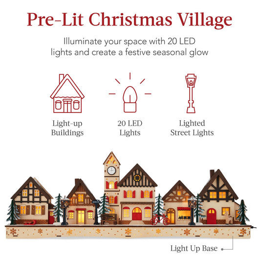 Lighted Wooden Christmas Village | Pre-Lit Mantel Decor with LED Houses and Trees