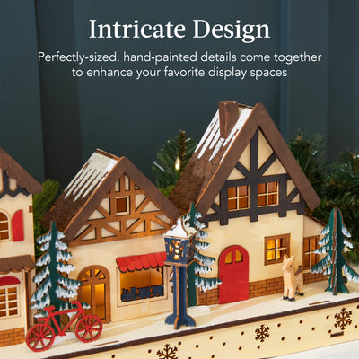 Lighted Wooden Christmas Village | Pre-Lit Mantel Decor with LED Houses and Trees