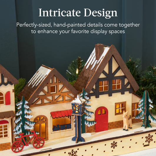 Lighted Wooden Christmas Village | Pre-Lit Mantel Decor with LED Houses and Trees