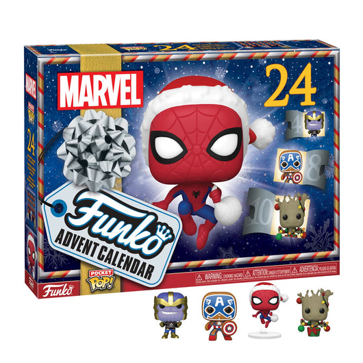 Marvel Funko Pocket Pop advent calendar 2026, box with Spider-Man Santa, 24 doors