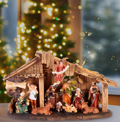 Nativity Set with Stable | 11 Hand-Painted Resin Figurines for Christmas