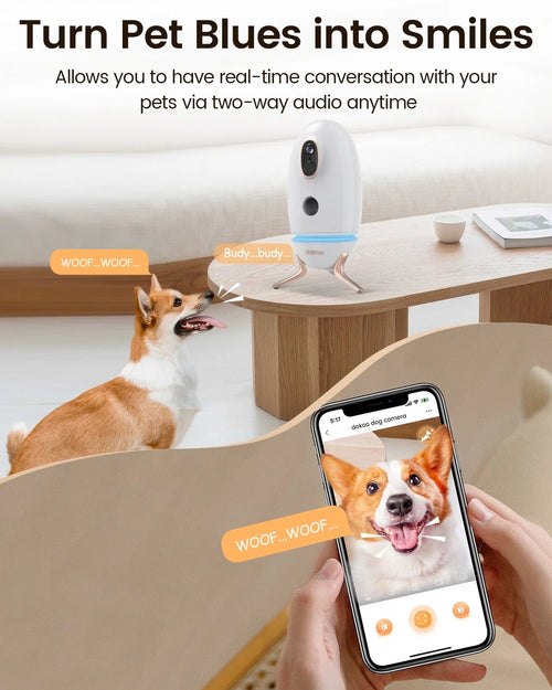 2K Treat Tossing Dog Camera, 330° View | Pet Camera with Treat Dispenser, Two-Way Audio, Night Vision, No Subscription