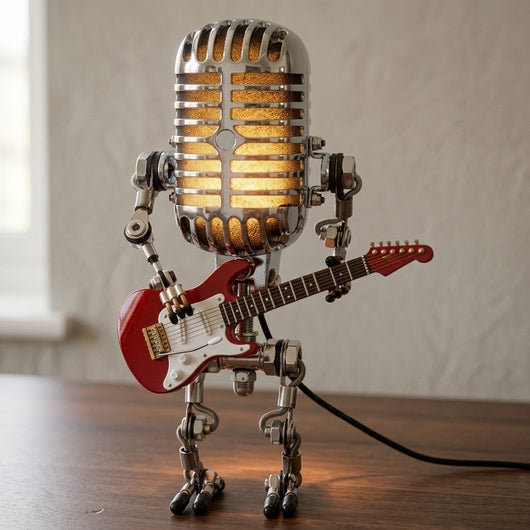Vintage Microphone Robot Lamp | Holding His Own Guitar