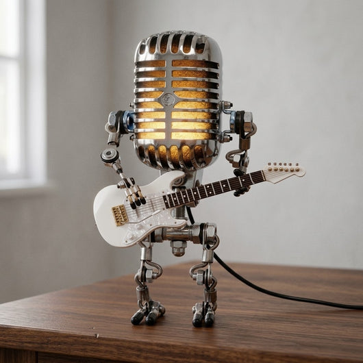 Vintage Microphone Robot Lamp | Holding His Own Guitar
