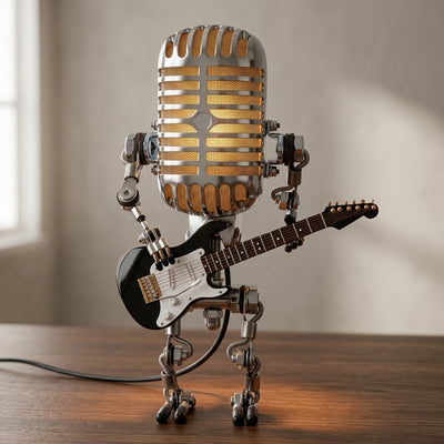 Vintage Microphone Robot Lamp | Holding His Own Guitar