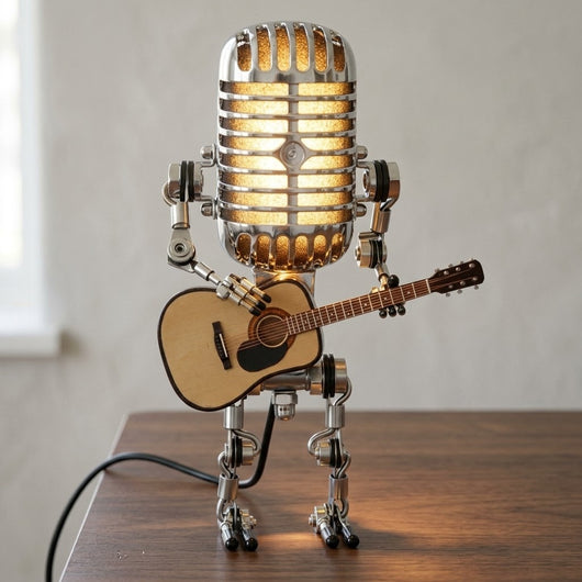 Vintage Microphone Robot Lamp | Holding His Own Guitar