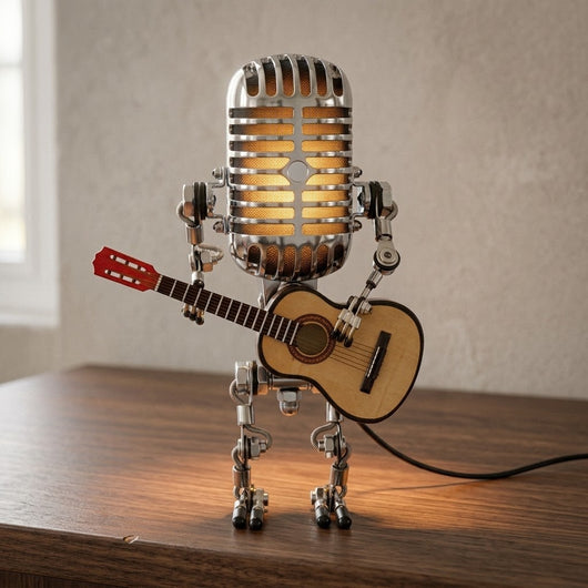 Vintage Microphone Robot Lamp | Holding His Own Guitar