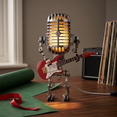 Vintage Microphone Robot Lamp | Holding His Own Guitar
