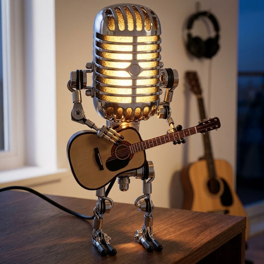 Vintage Microphone Robot Lamp | Holding His Own Guitar