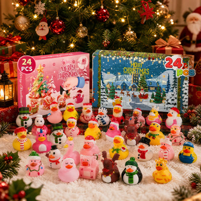 Yellow and pink rubber duck advent calendars with ducks lined up