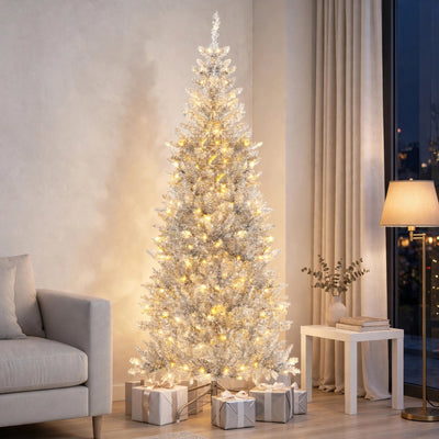 6 ft Pre-Lit Silver Tinsel Christmas Tree | Slim Pencil Artificial Tree with 300 Warm White LED Lights