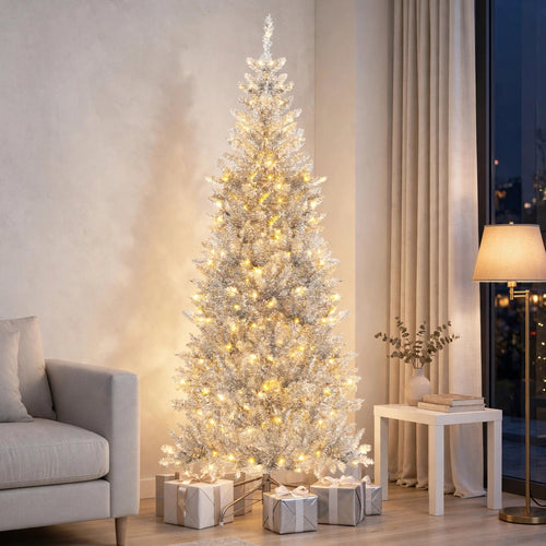 6 ft Pre-Lit Silver Tinsel Christmas Tree | Slim Pencil Artificial Tree with 300 Warm White LED Lights