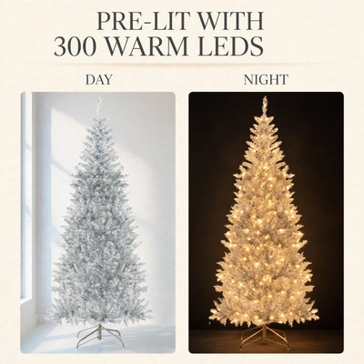 6 ft Pre-Lit Silver Tinsel Christmas Tree | Slim Pencil Artificial Tree with 300 Warm White LED Lights