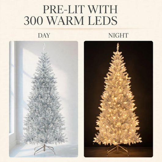 6 ft Pre-Lit Silver Tinsel Christmas Tree | Slim Pencil Artificial Tree with 300 Warm White LED Lights