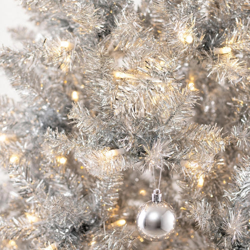 6 ft Pre-Lit Silver Tinsel Christmas Tree | Slim Pencil Artificial Tree with 300 Warm White LED Lights