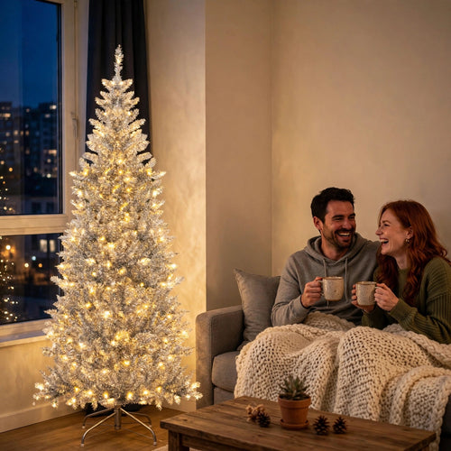 6 ft Pre-Lit Silver Tinsel Christmas Tree | Slim Pencil Artificial Tree with 300 Warm White LED Lights