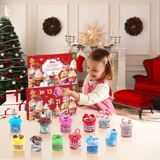 Girl opening the slime advent calendar at the Christmas table