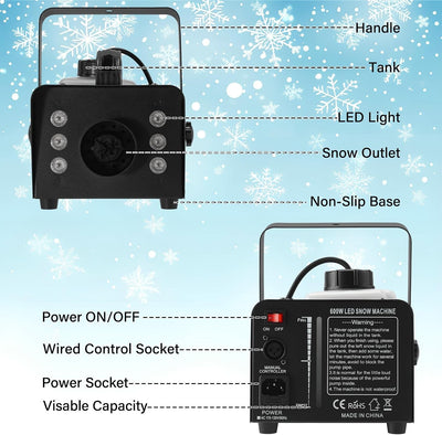 Snow Machine 600W with LED Lights and Remote Control | Fake Snow Maker, Christmas Snow Machine, Snowflake Machine