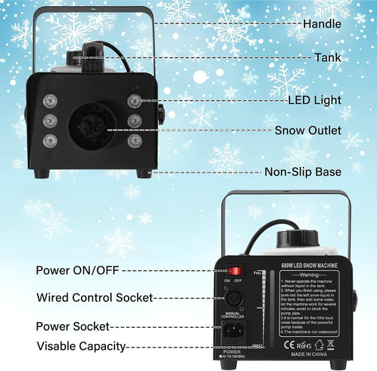 Snow Machine 600W with LED Lights and Remote Control | Fake Snow Maker, Christmas Snow Machine, Snowflake Machine