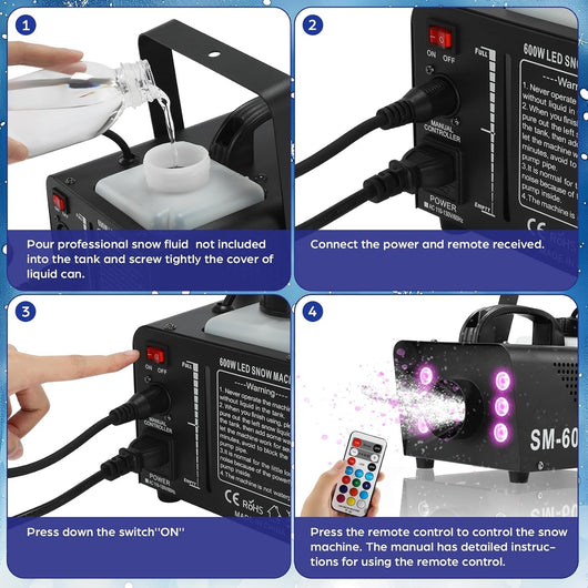 Snow Machine 600W with LED Lights and Remote Control | Fake Snow Maker, Christmas Snow Machine, Snowflake Machine