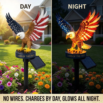 Solar American Flag Eagle Garden Light | Patriotic Bald Eagle Yard Stake Statue, Land of the Free Outdoor Decor