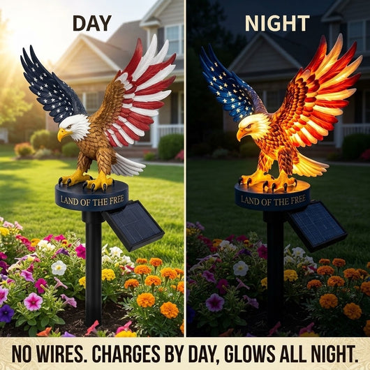 Solar American Flag Eagle Garden Light | Patriotic Bald Eagle Yard Stake Statue, Land of the Free Outdoor Decor