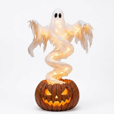 Glowing Swirling Ghost Pumpkin Lamp | Light Up Halloween Ghost Rising From Jack O Lantern, Outdoor Porch and Yard Decoration