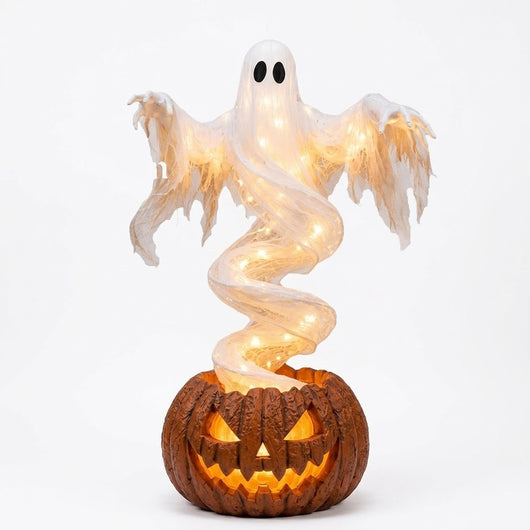 Glowing Swirling Ghost Pumpkin Lamp | Light Up Halloween Ghost Rising From Jack O Lantern, Outdoor Porch and Yard Decoration
