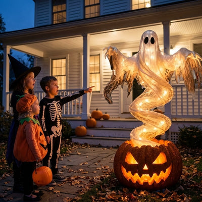 Glowing Swirling Ghost Pumpkin Lamp | Light Up Halloween Ghost Rising From Jack O Lantern, Outdoor Porch and Yard Decoration