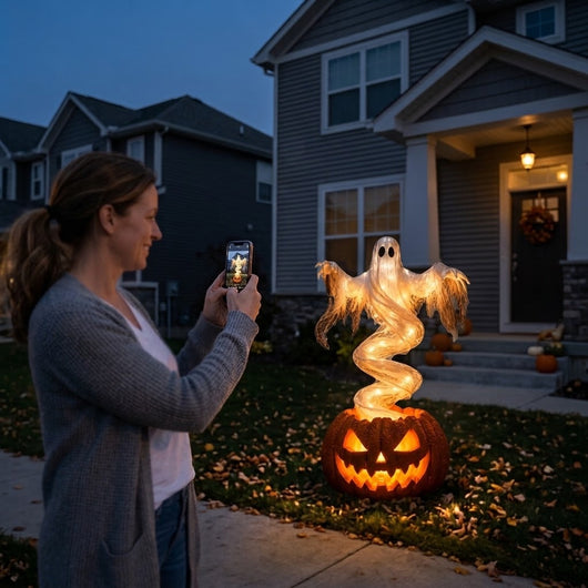 Glowing Swirling Ghost Pumpkin Lamp | Light Up Halloween Ghost Rising From Jack O Lantern, Outdoor Porch and Yard Decoration