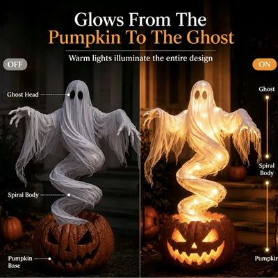 Glowing Swirling Ghost Pumpkin Lamp | Light Up Halloween Ghost Rising From Jack O Lantern, Outdoor Porch and Yard Decoration