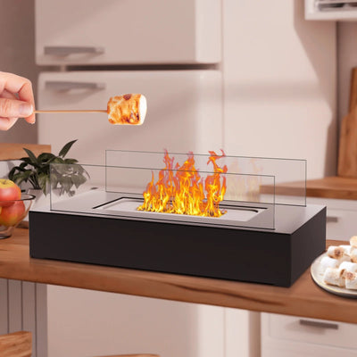 Tabletop Fire Pit with Tempered Glass | Indoor Outdoor Tabletop Fireplace, Mini Fire Pit for S'mores, Black