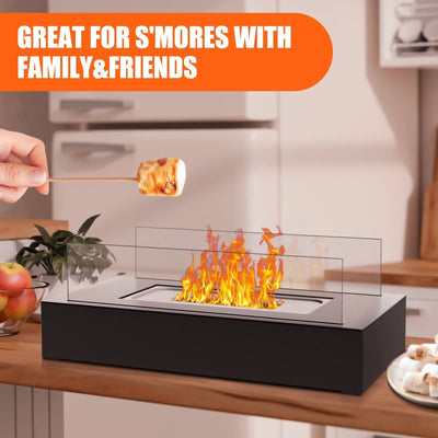 Tabletop Fire Pit with Tempered Glass | Indoor Outdoor Tabletop Fireplace, Mini Fire Pit for S'mores, Black