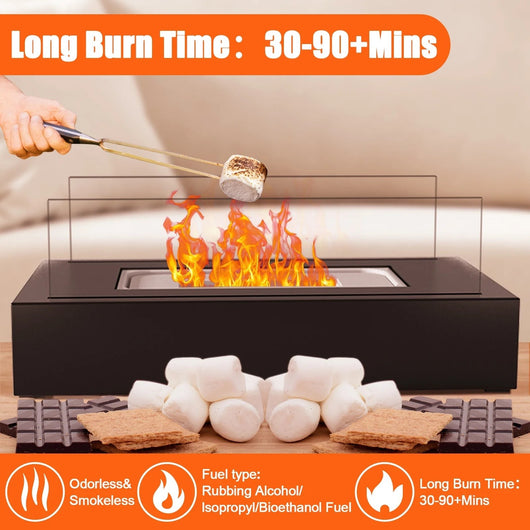 Tabletop Fire Pit with Tempered Glass | Indoor Outdoor Tabletop Fireplace, Mini Fire Pit for S'mores, Black