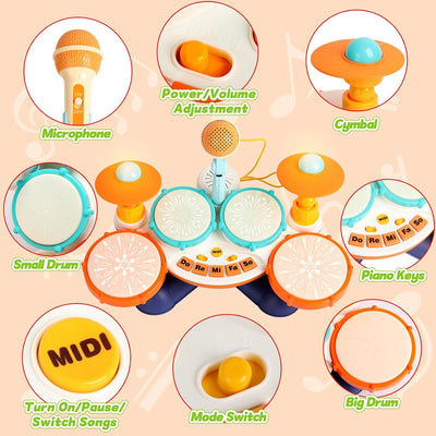Toddler Drum Set with Microphone and Lights | Kids Drum Set, Baby Musical Toys, Light Up Drum Toy