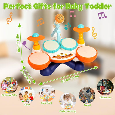 Toddler Drum Set with Microphone and Lights | Kids Drum Set, Baby Musical Toys, Light Up Drum Toy