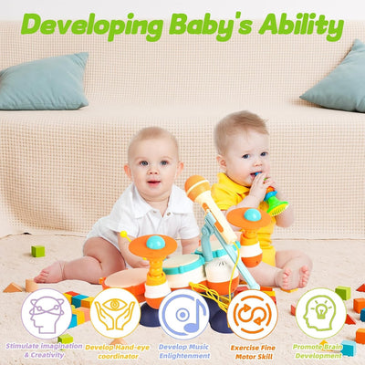 Toddler Drum Set with Microphone and Lights | Kids Drum Set, Baby Musical Toys, Light Up Drum Toy