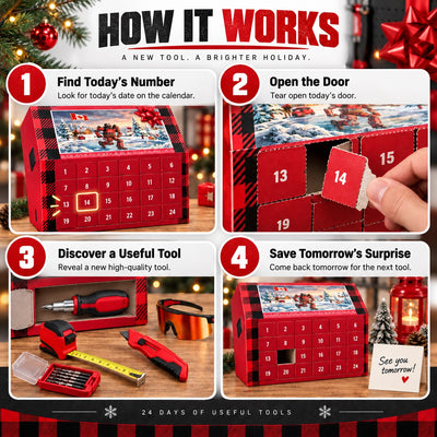 Tool Advent Calendar 2026 | 24 Days of Tools Christmas Countdown with Drill Bits, Tape Measure, Level and Utility Knife, Gift for Men