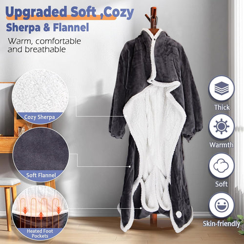 Wearable Heated Blanket with Sleeves and Foot Pocket | Electric Sherpa Blanket Robe